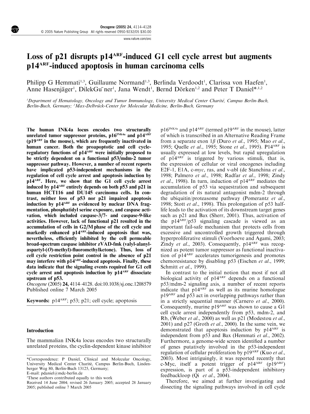 Loss of P21 Disrupts P14arf-Induced G1 Cell Cycle Arrest but Augments P14arf-Induced Apoptosis in Human Carcinoma Cells