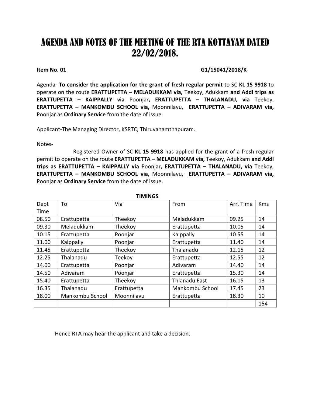 Agenda and Notes of the Meeting of the Rta Kottayam Dated 22/02/2018