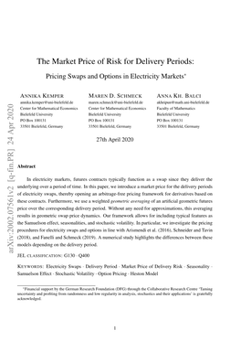 The Market Price of Risk for Delivery Periods: Arxiv:2002.07561V2 [Q-Fin
