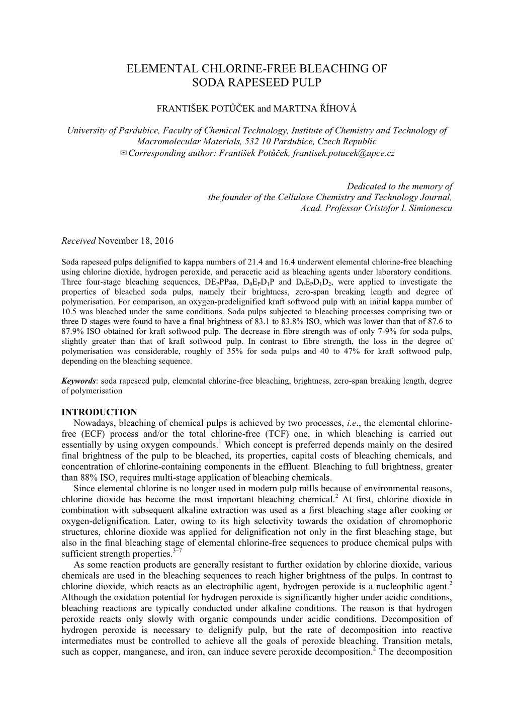 Elemental Chlorine-Free Bleaching of Soda Rapeseed Pulp