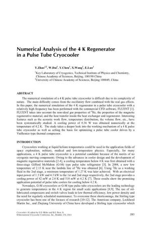 Numerical Analysis of the 4 K Regenerator in a Pulse Tube Cryocooler