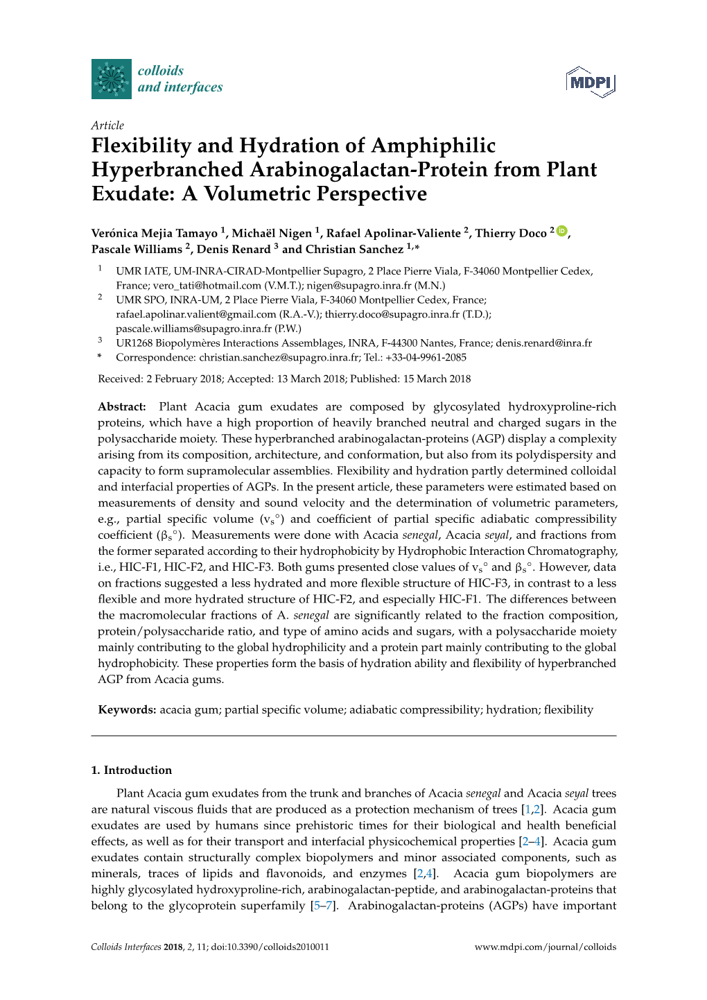 Flexibility and Hydration of Amphiphilic Hyperbranched Arabinogalactan-Protein from Plant Exudate: a Volumetric Perspective