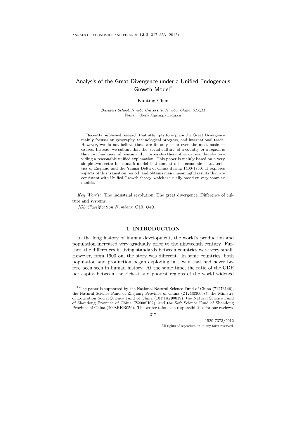 Analysis of the Great Divergence Under a Unified Endogenous