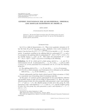 Generic Polynomials for Quasi-Dihedral, Dihedral and Modular Extensions of Order 16