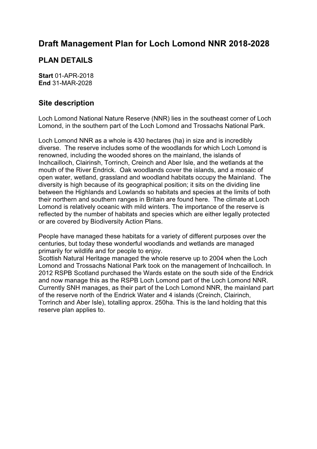 Draft Management Plan for Loch Lomond NNR 2018-2028