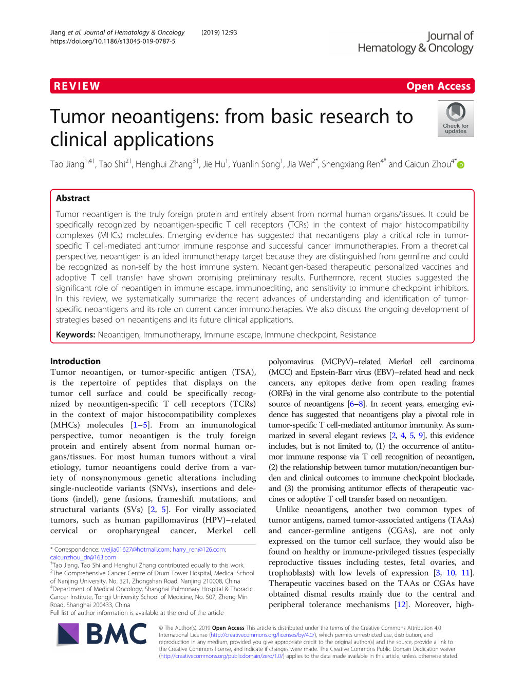 Tumor Neoantigens: from Basic Research to Clinical Applications - DocsLib