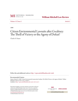 Citizen Environmental Lawsuits After Gwaltney: the Thrill of Victory Or the Agony of Defeat? Charles N