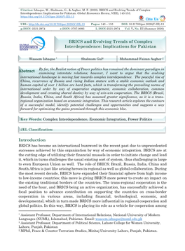 BRICS and Evolving Trends of Complex Interdependence: Implications for Pakistan