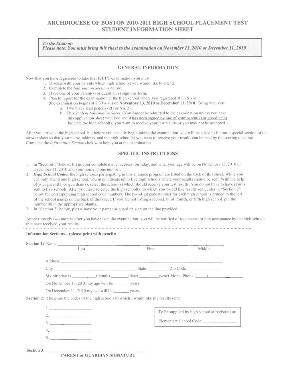 Archdiocese of Boston 2010-2011 High School Placement Test Student Information Sheet