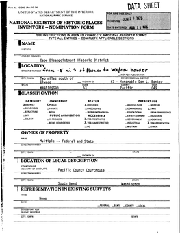 Data Sheet United States Department of the Interior National Park Service National Register of Historic Places Inventory -- Nomination Form