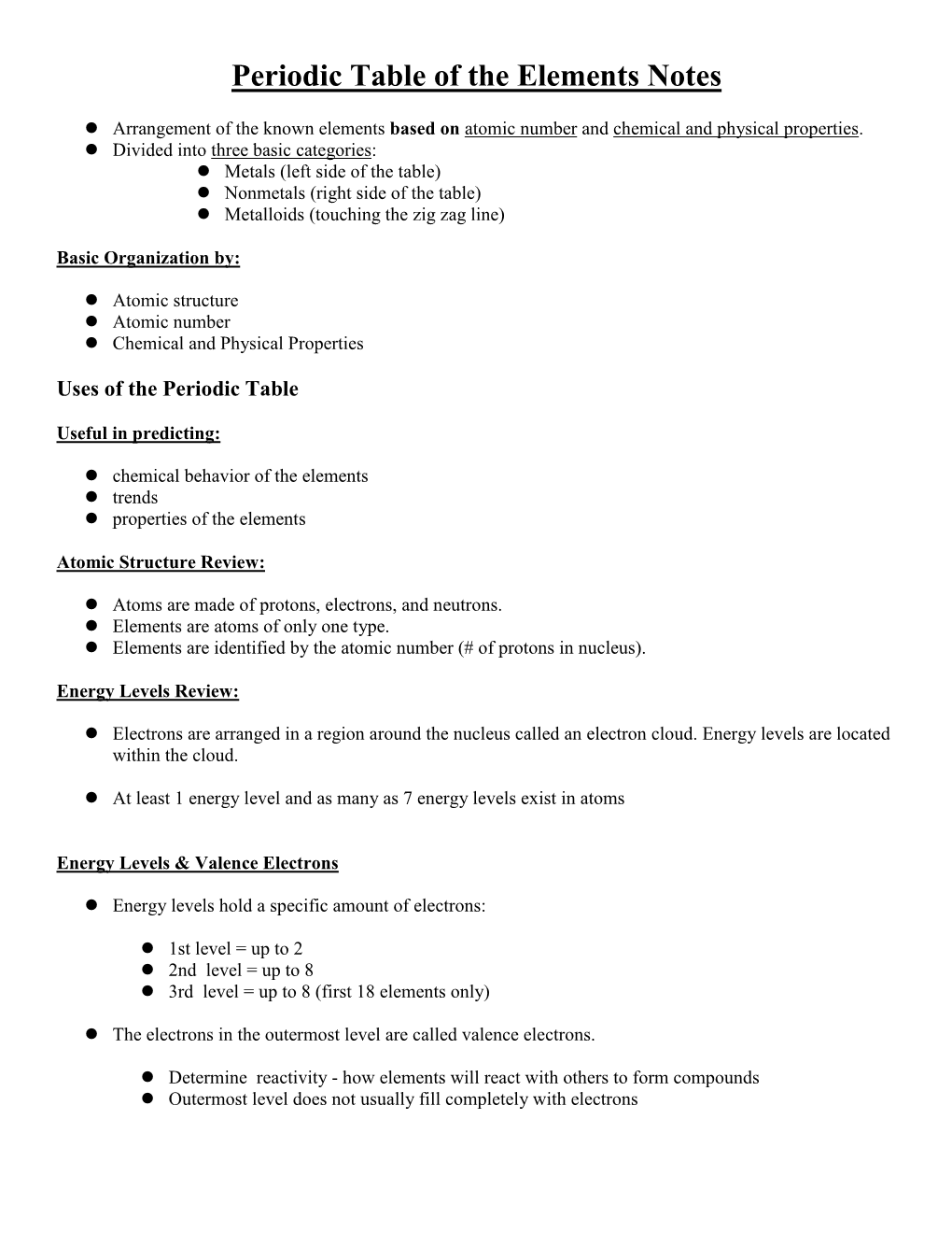 Periodic Table of the Elements Notes