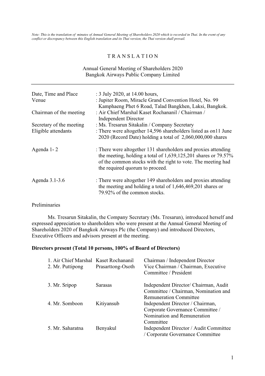 Note: This Is the Translation of the Minutes of Annual General Meeting Shareholders 2019 Which Is Recorded in Thai