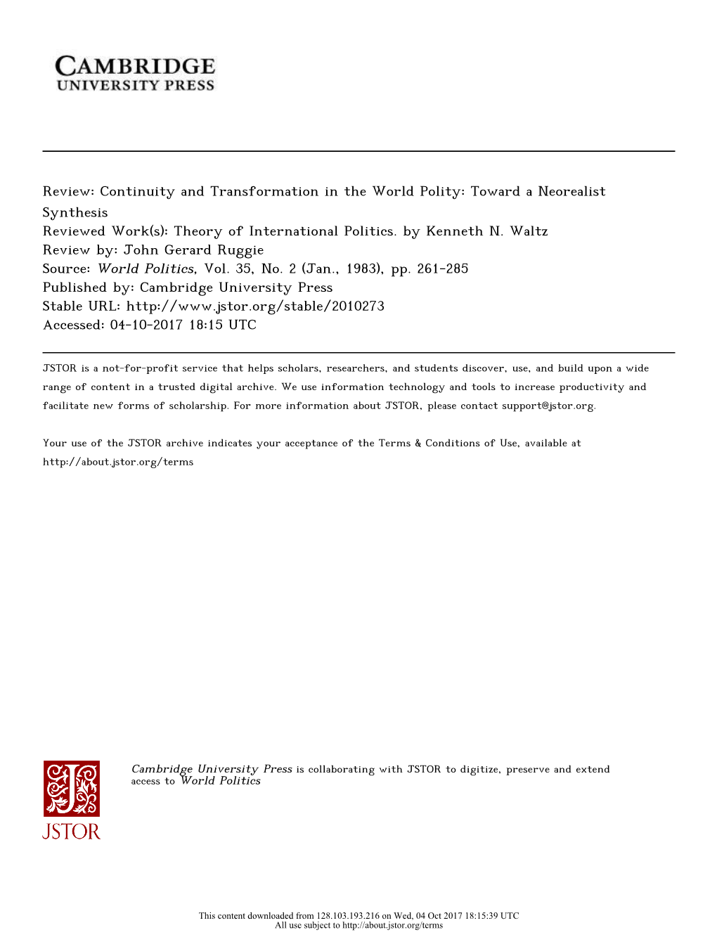 Continuity and Transformation in the World Polity: Toward a Neorealist Synthesis Reviewed Work(S): Theory of International Politics