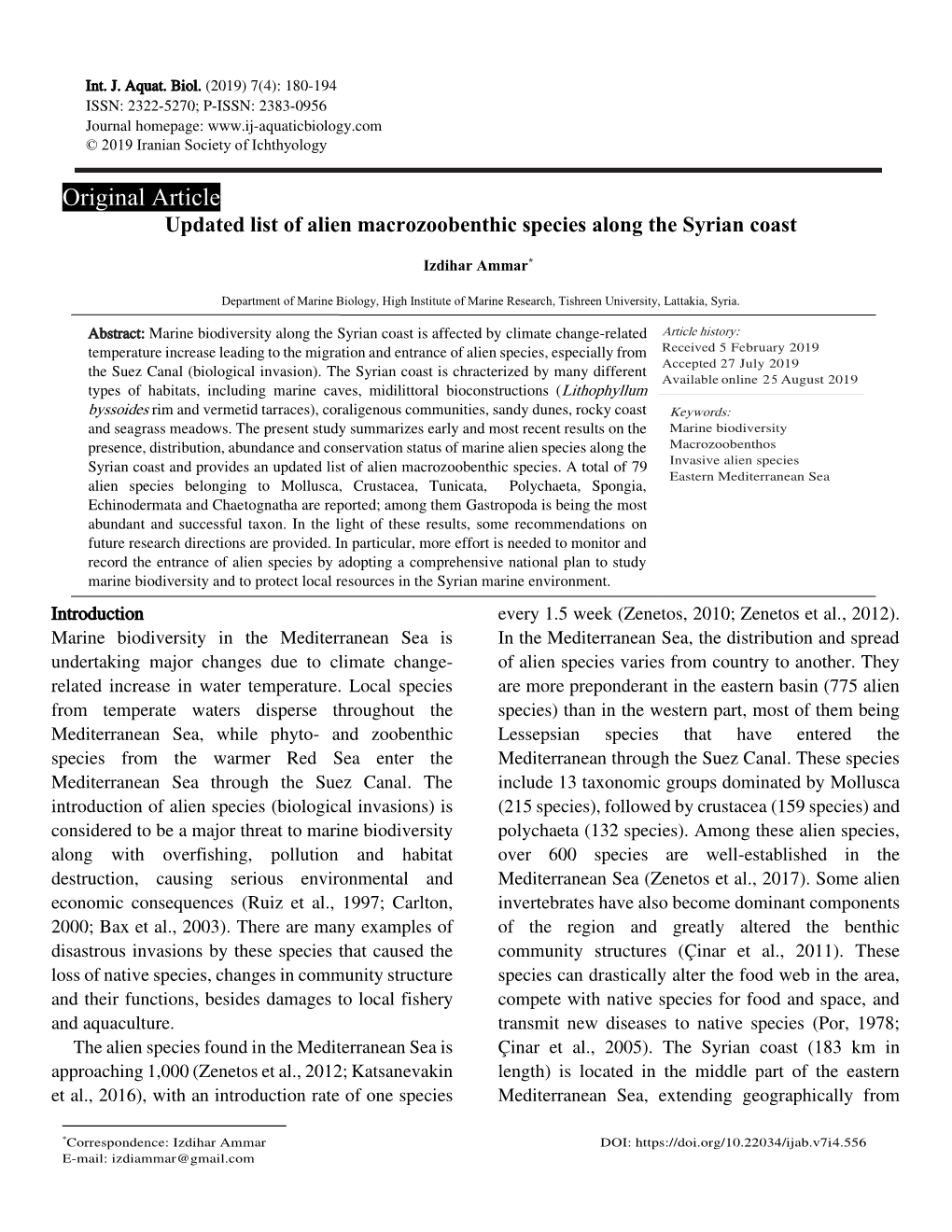 Updated List of Alien Macrozoobenthic Species Along the Syrian Coast