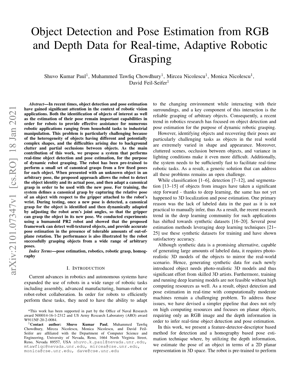 Object Detection and Pose Estimation from RGB and Depth Data for Real-Time, Adaptive Robotic Grasping