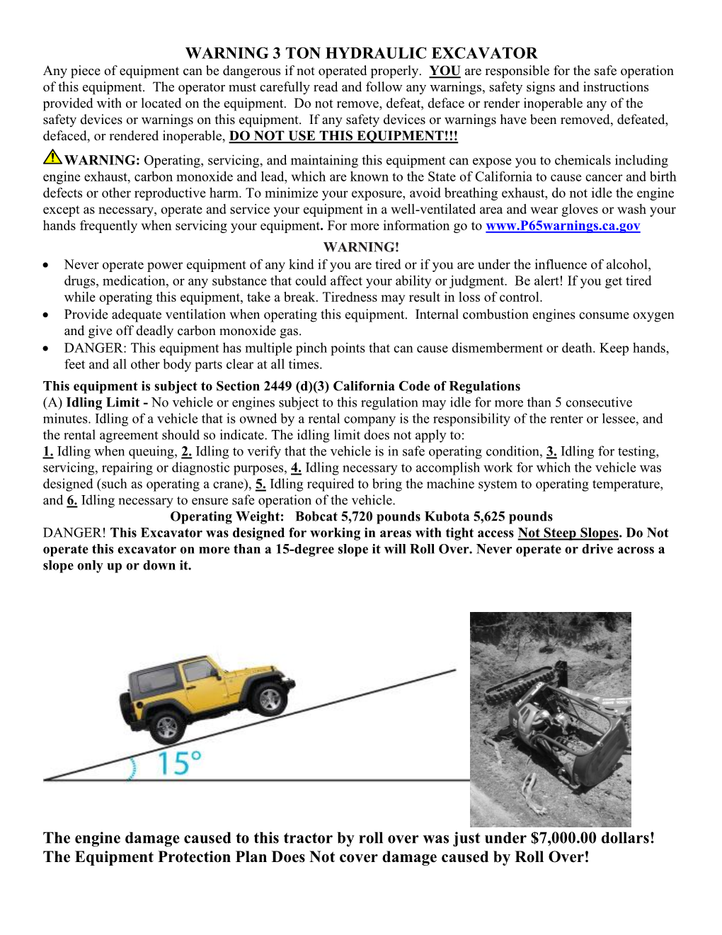 WARNING 3 TON HYDRAULIC EXCAVATOR The