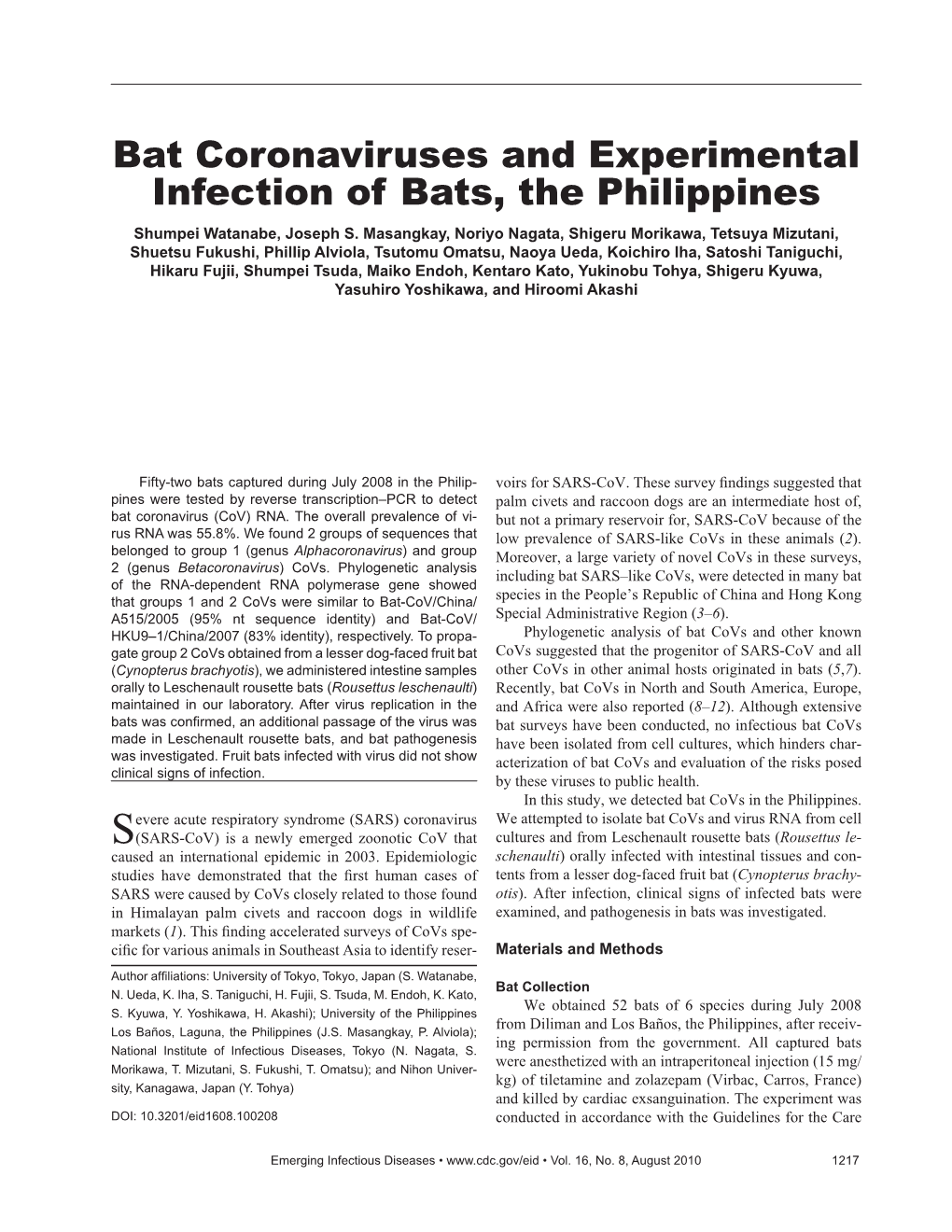 Bat Coronaviruses and Experimental Infection of Bats, the Philippines Shumpei Watanabe, Joseph S