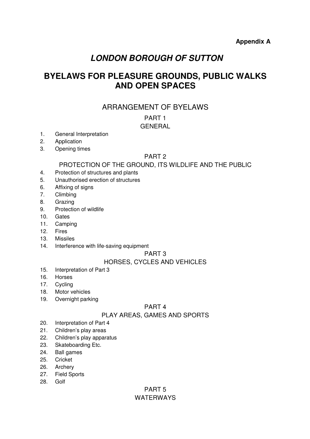 London Borough of Sutton Byelaws for Pleasure