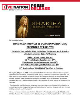 Shakira Announces El Dorado World Tour, Presented By