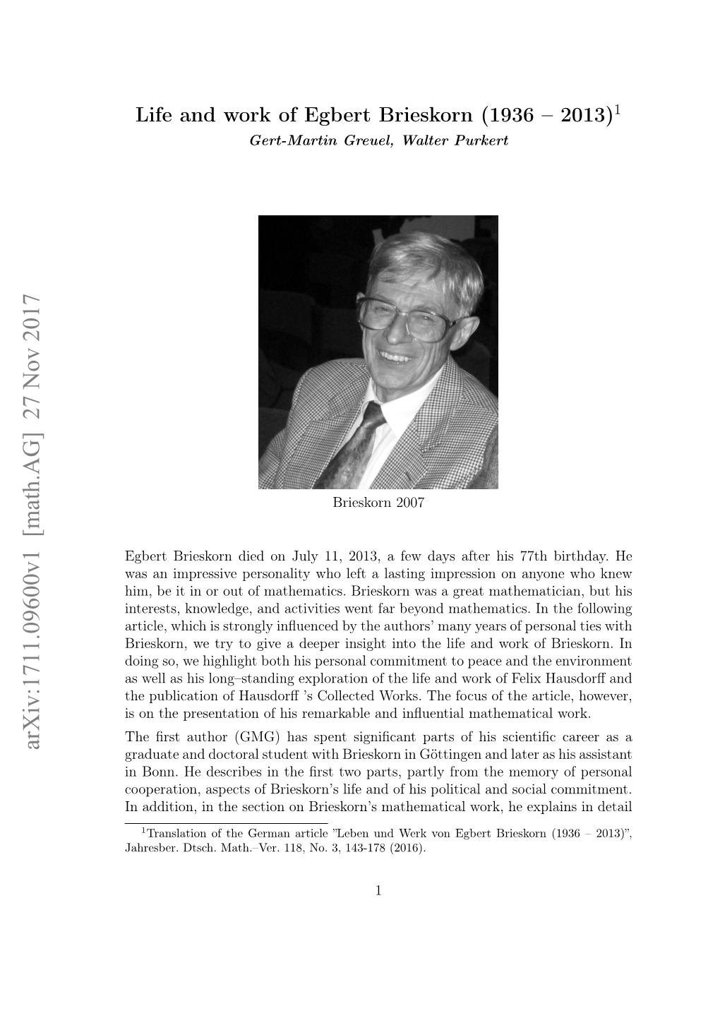 Life and Work of Egbert Brieskorn (1936-2013)