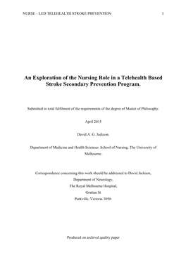 An Exploration of the Nursing Role in a Telehealth Based Stroke Secondary Prevention Program