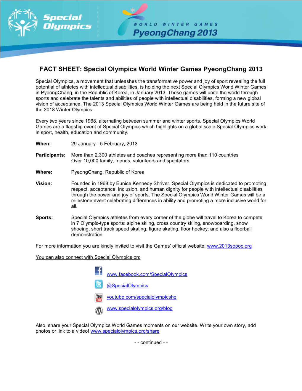 FACT SHEET: Special Olympics World Winter Games Pyeongchang 2013