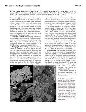 Lunar Cordierite-Spinel Troctolite: Igneous History, and Volatiles