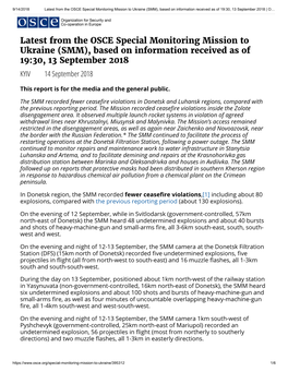Latest from the OSCE Special Monitoring Mission to Ukraine (SMM), Based on Information Received As of 19:30, 13 September 2018 | O…