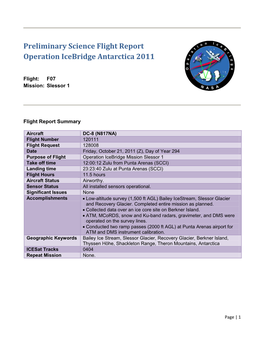 Preliminary Science Flight Report Operation Icebridge Antarctica 2011