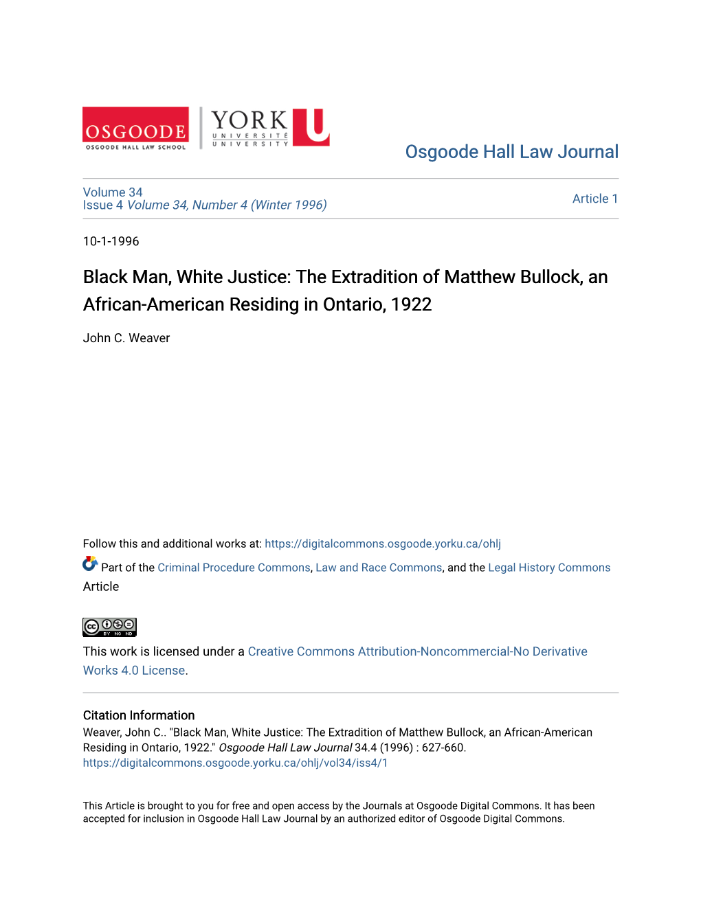 The Extradition of Matthew Bullock, an African-American Residing in Ontario, 1922