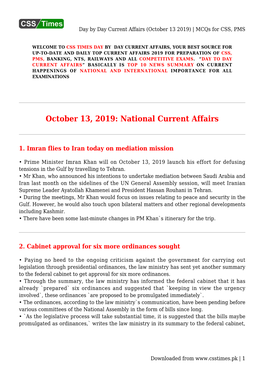 Day by Day Current Affairs (October 13 2019) | Mcqs for CSS, PMS