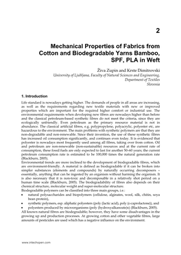 Mechanical Properties of Fabrics from Cotton and Biodegradable Yarns Bamboo, SPF, PLA in Weft
