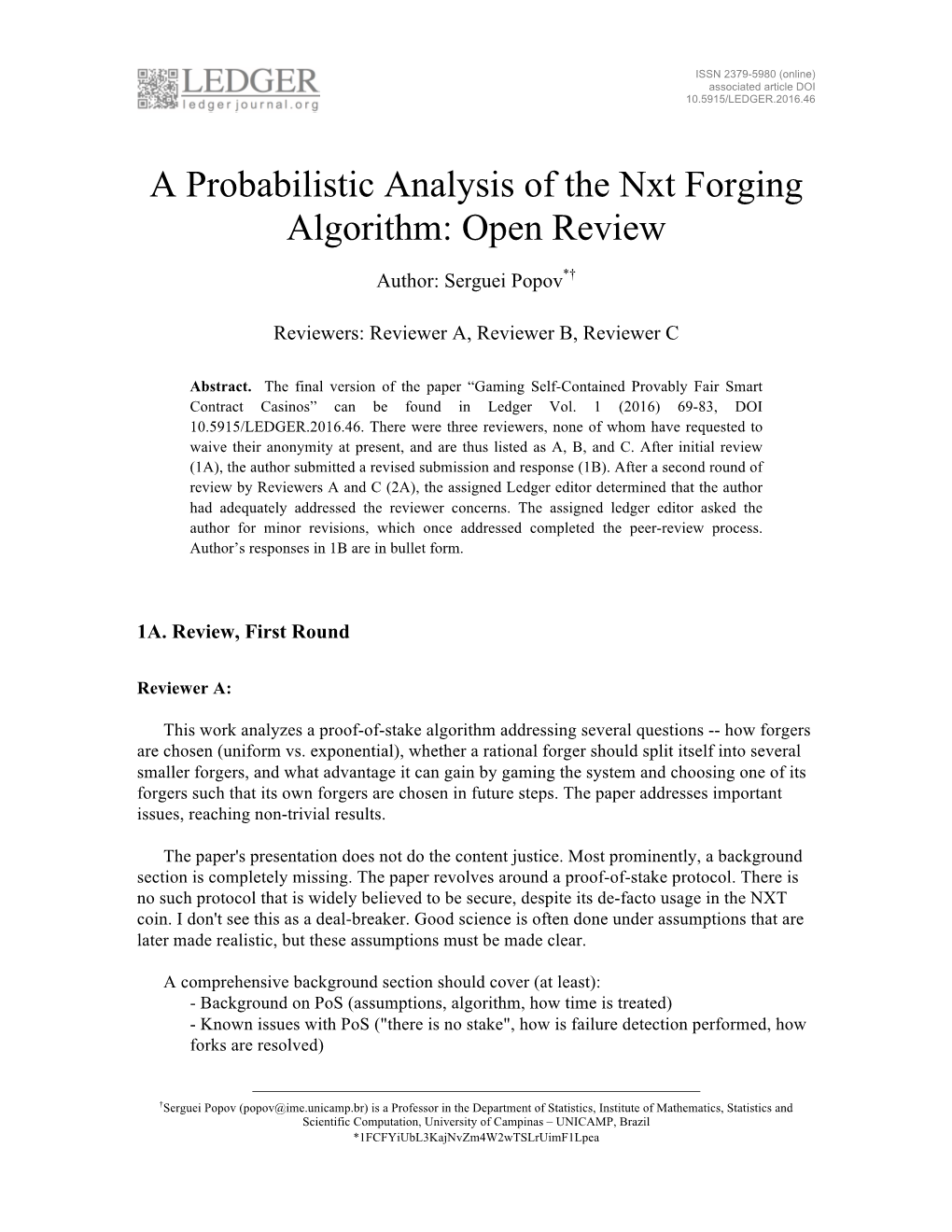 A Probabilistic Analysis of the Nxt Forging Algorithm: Open Review