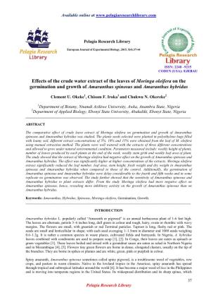 Effects of the Crude Water Extract of the Leaves of Moringa Oleifera on the Germination and Growth of Amaranthus Spinosus and Amaranthus Hybridus