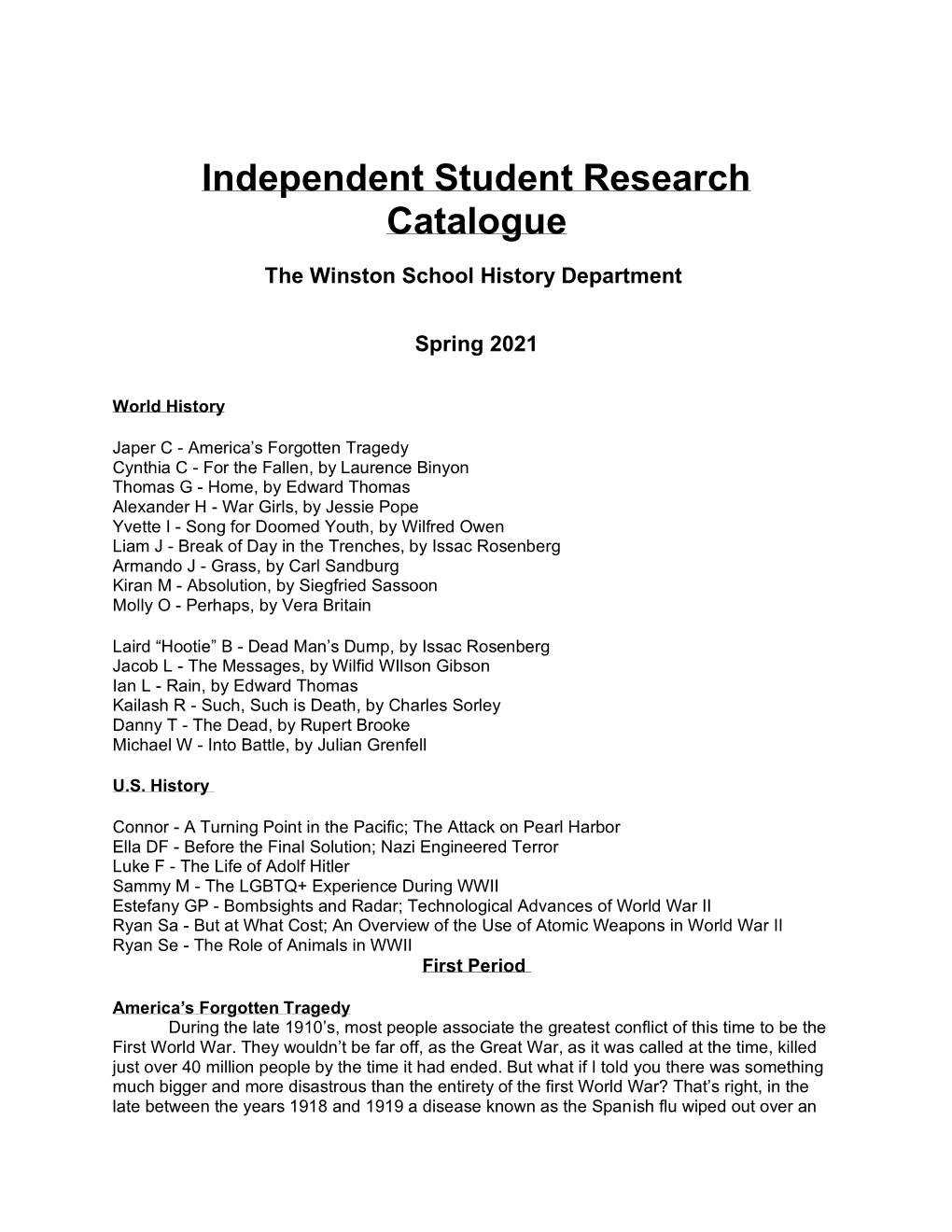 Independent Student Research Catalogue