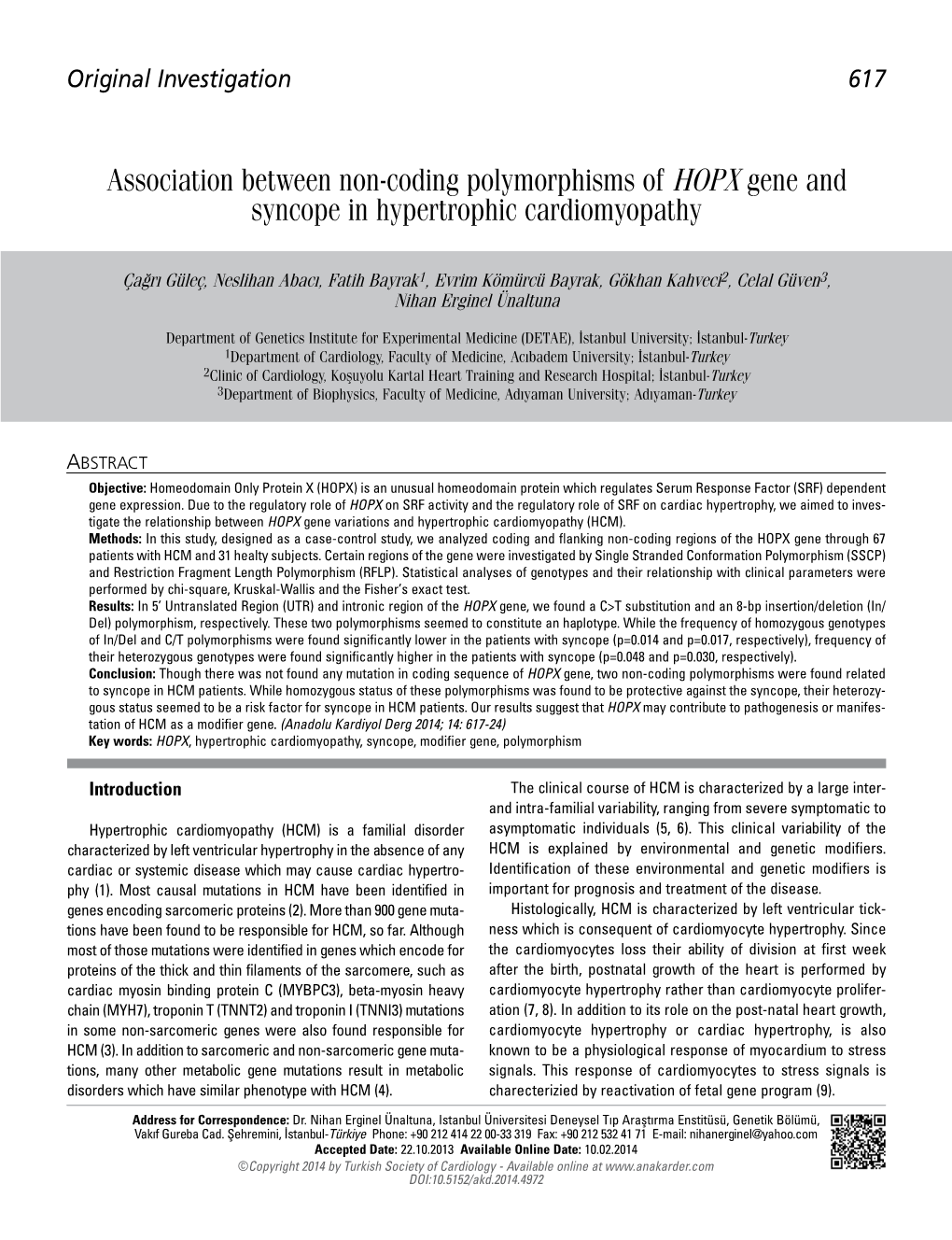 Association Between Non-Coding Polymorphisms of HOPX Gene and Syncope in Hypertrophic Cardiomyopathy