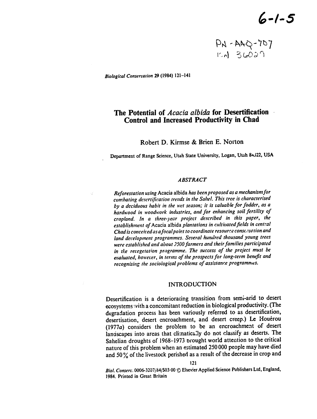 The Potential of Acacia Albida for Desertification Control and Increased Productivity in Chad