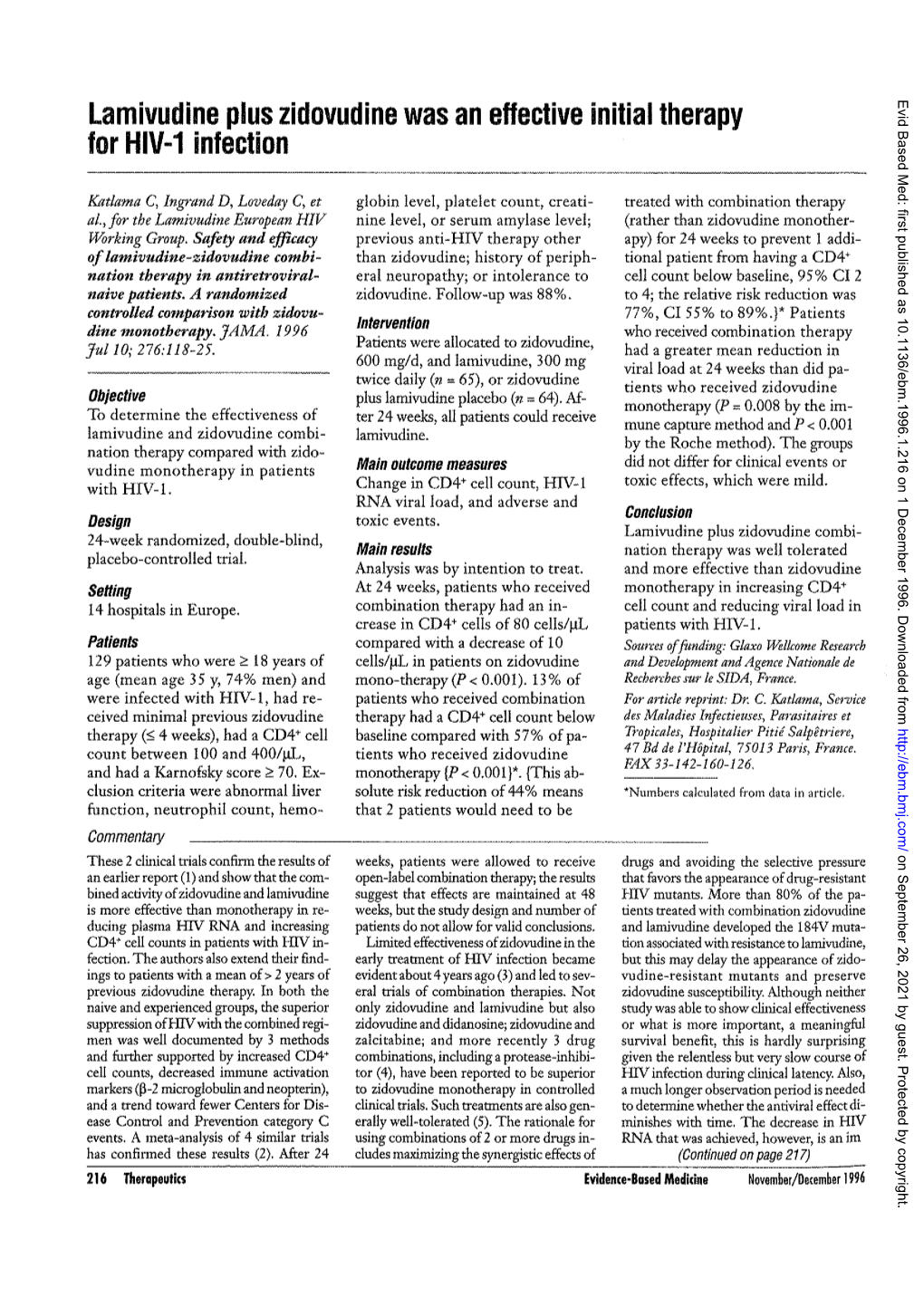 Lamivudine Plus Zidovudine Was an Effective Initial Therapy for HIV-1 Infection