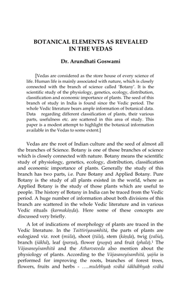 Botanical Elements As Revealed in the Vedas