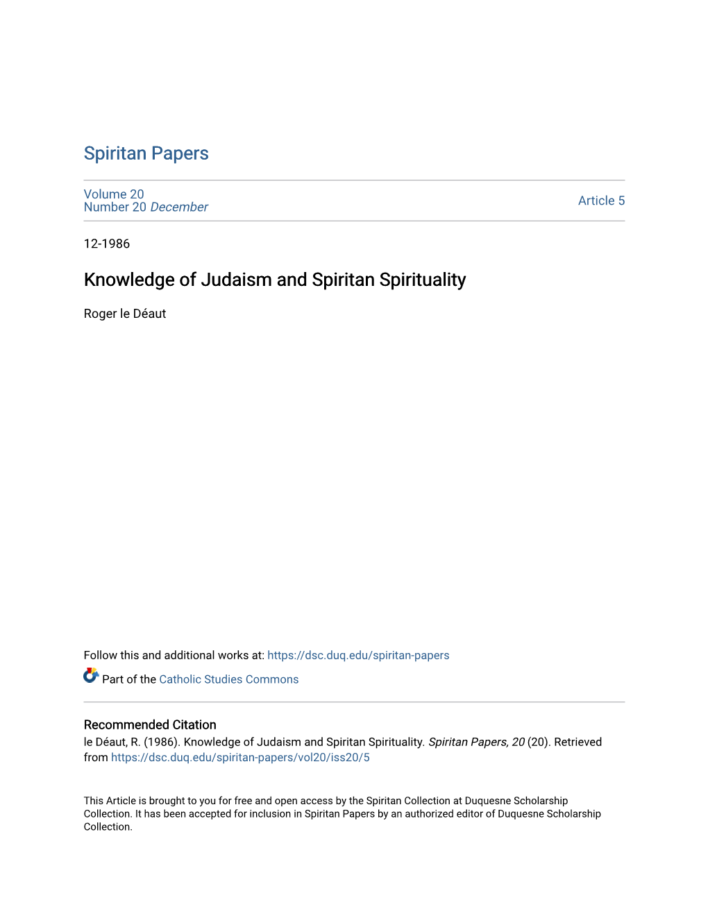 Knowledge of Judaism and Spiritan Spirituality