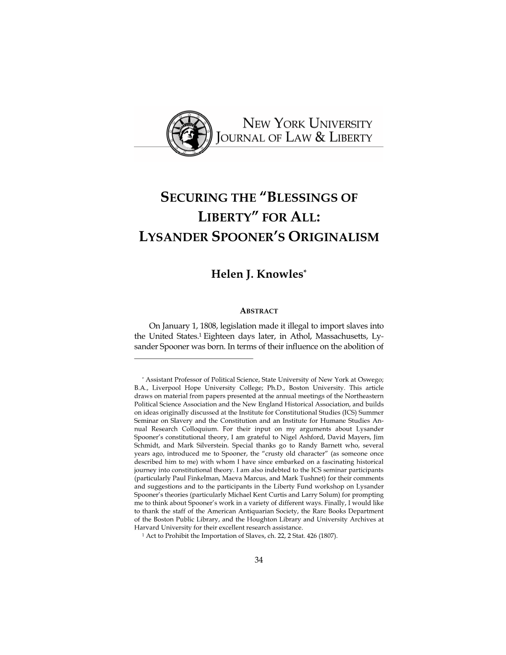 “Blessings of Liberty” for All: Lysander Spooner's Originalism