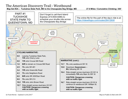 The American Discovery Trail - Westbound Map Set #2A – Tuckahoe State Park, MD to the Chesapeake Bay Bridge, MD 27.0 Miles / Cumulative Climbing: 350’