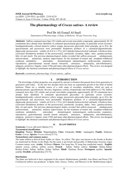 The Pharmacology of Crocus Sativus- a Review