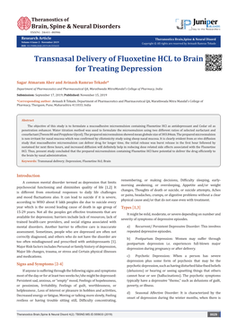 Transnasal Delivery of Fluoxetine HCL to Brain for Treating Depression