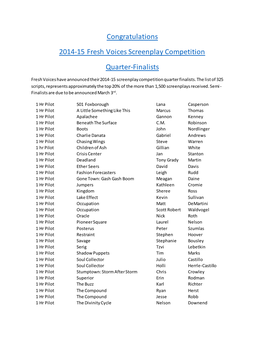Congratulations 2014-15 Fresh Voices Screenplay Competition Quarter-Finalists