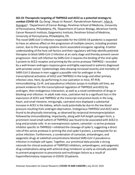 S01-01 Therapeutic Targeting of TMPRSS2 and ACE2 As a Potential Strategy to Combat COVID-19. Qu Deng1, Reyaz Ur Rasool1, Ramakrishnan Natesan1, Irfan A