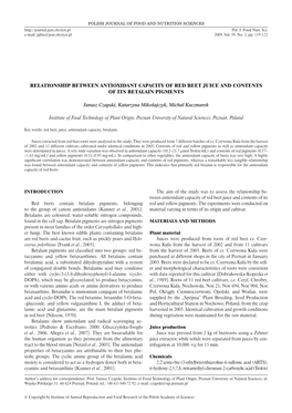 Relationship Between Antioxidant Capacity of Red Beet Juice and Contents of Its Betalain Pigments