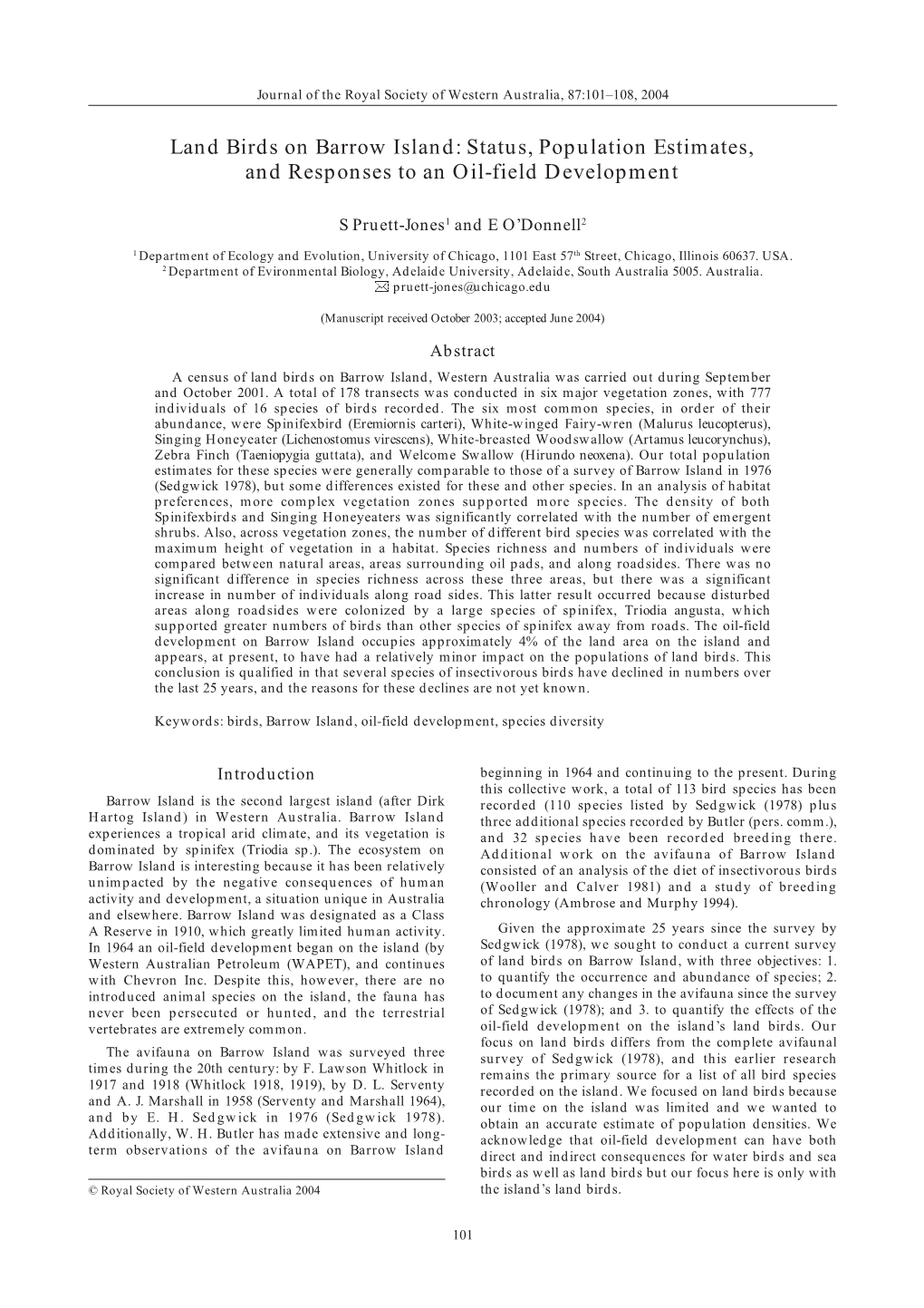 Land Birds on Barrow Island: Status, Population Estimates, and Responses to an Oil-Field Development