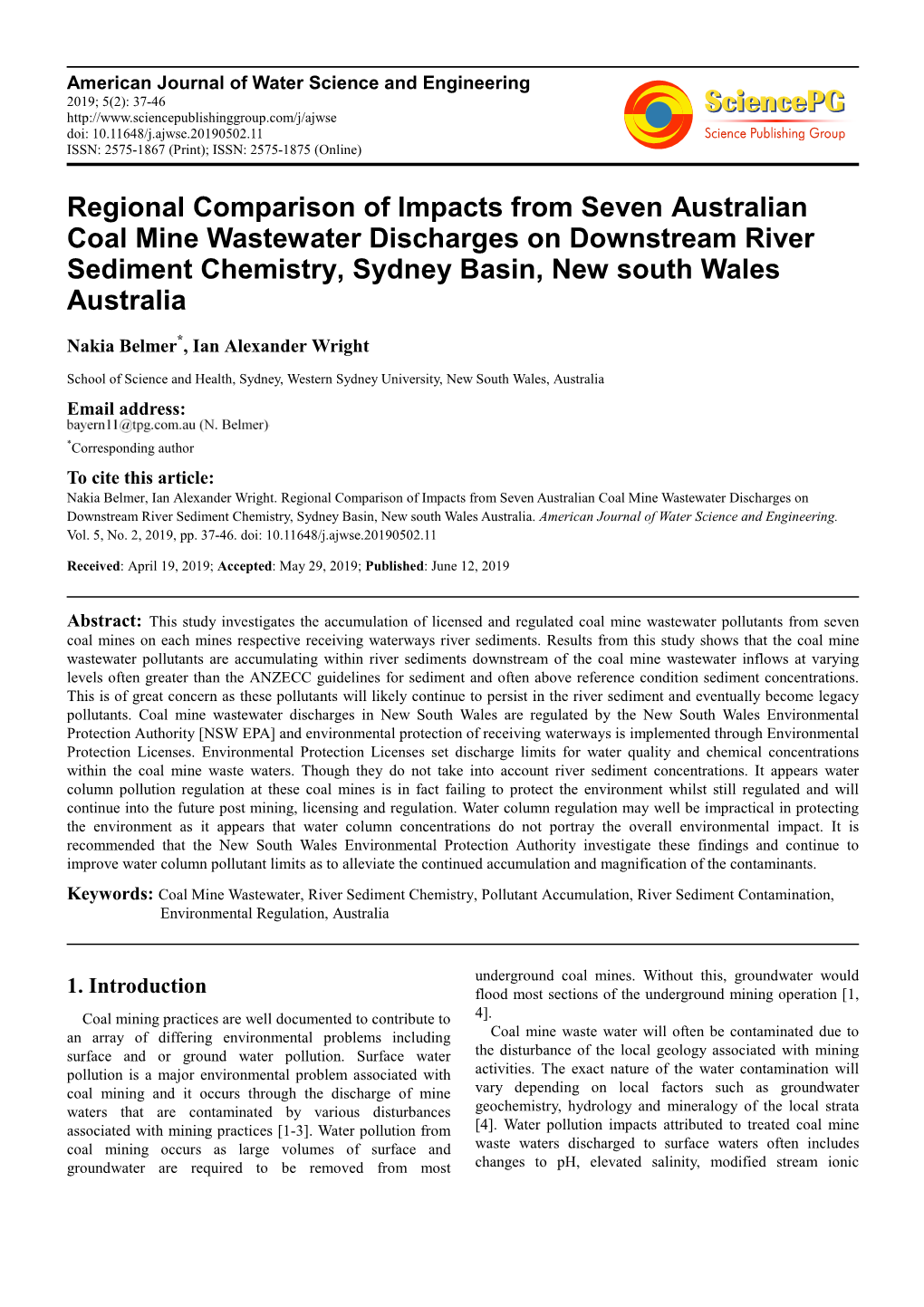 Regional Comparison of Impacts from Seven Australian Coal Mine Wastewater Discharges on Downstream River Sediment Chemistry, Sydney Basin, New South Wales Australia