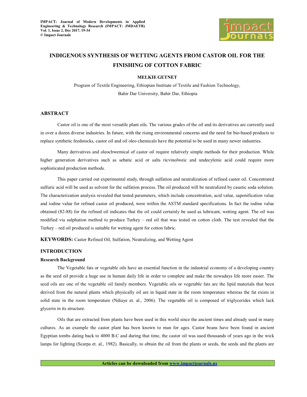 Indigenous Synthesis of Wetting Agents from Castor Oil for the Finishing of Cotton Fabric